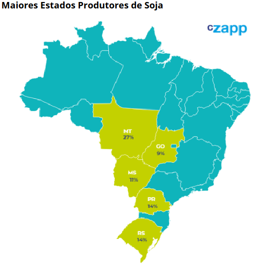 mapa representando maiores estados produtores de soja no brasil